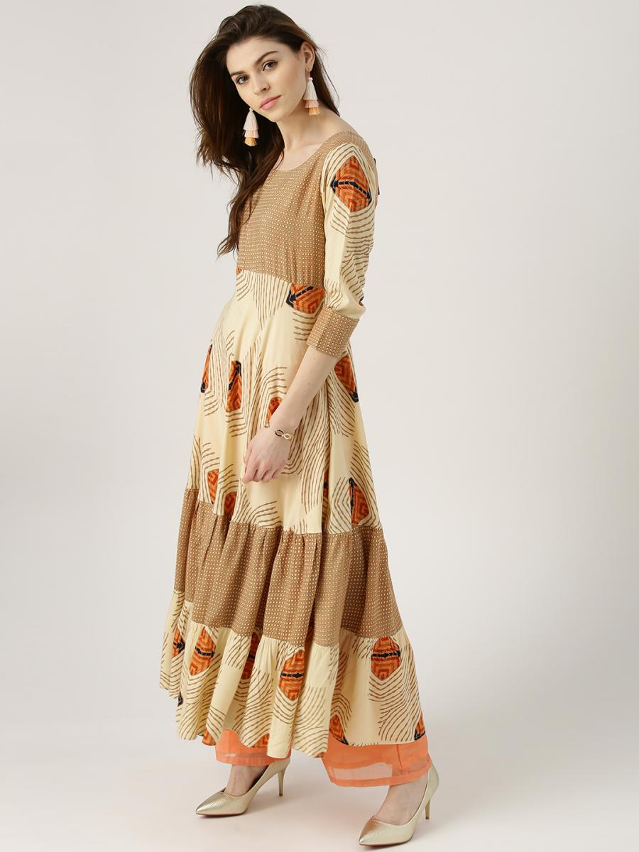 Beige Rayon Printed Anarkali Kurta - Plysofyarn